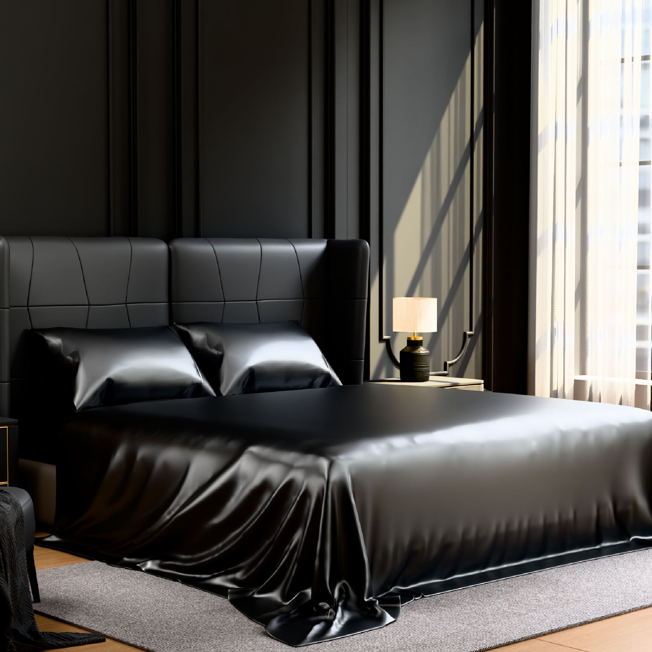 Satin Bed Sheets, King Size Sheets Set, 4 Pcs Silky Bedding Set With 15 Inches Deep Pocket For Mattress (King, Black)_voghion.com
